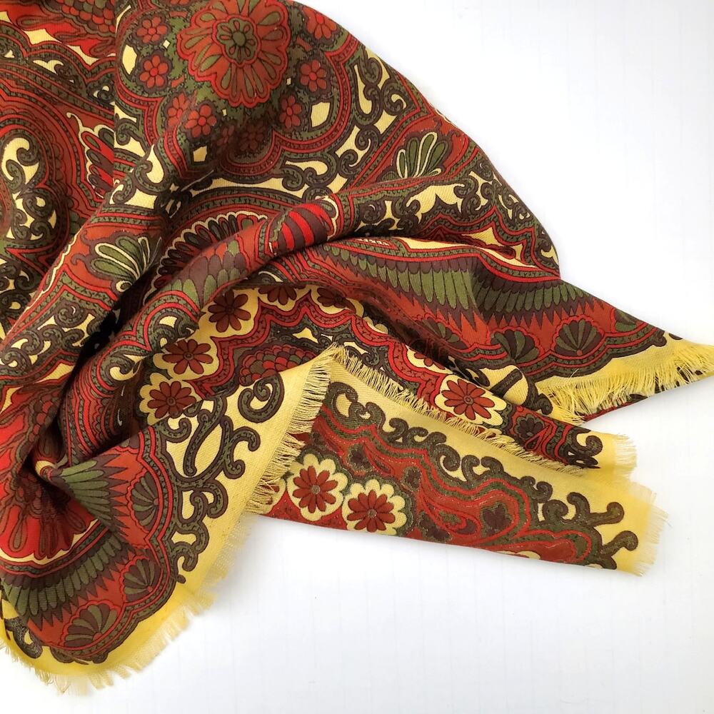 Vtg Made in Italy Fringed Neck Scarf Green Rust Golden Geo Floral 26.5" Square